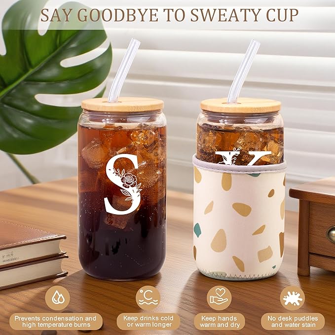 Personalized Gifts for Women, Monogrammed Gifts for Women, Initial 16 oz Glass Cups With Lids and Straws, Customized Mug, Personalized Birthday Gifts Christmas Gifts for Her Mom Friend Woman, S