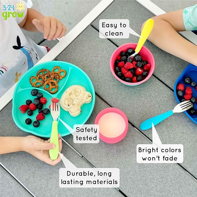 Eat with Me Spoon and Fork Set – Toddler Utensils with Easy-Grip Silicone Handles – Kid-Sized & Safe Stainless Silverware – Promotes Independent Eating – Dishwasher Safe (Watermelon)
