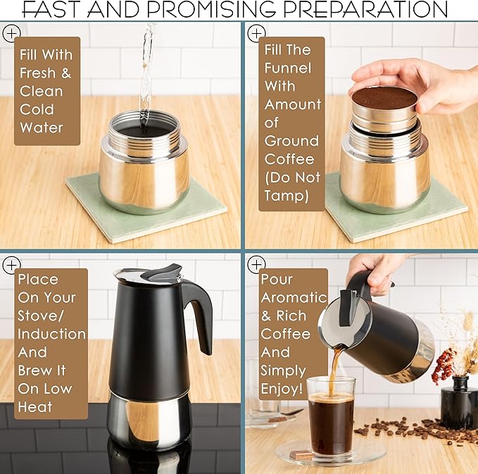 Mixpresso Black 6 Cup Greca Stovetop Espresso Pot 300ml/10oz, Moka Pot with Coffee Percolator Design, Stainless Steel Stove Top Coffee Maker for Camping or Home Use,Italian Stovetop Espresso Maker