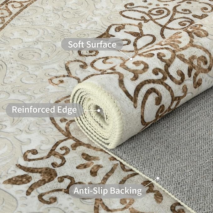 Easy-Going Area Rug 4x6 Washable Boho Neutral Rugs for Living Room Non-Slip Bedroom Rug Low Pile Lightweight Floral Brown Print Vintage Throw Rug for Dining Room Bathroom Kitchen Home Office Carpet