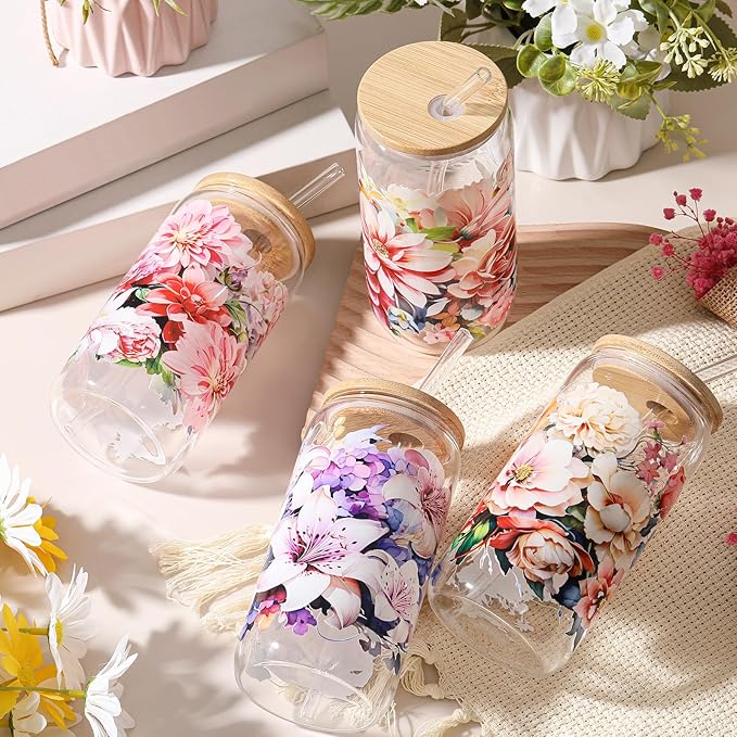 Mumufy 4 Pcs Gift for Women Bloom Floral Elegant Glass Cup Tumbler Blooming Garden 16 oz Iced Coffee Glass with Bamboo Lid & Straw, Mothers Day Birthday Gift for Mom Sister Bridesmaid Baby Shower