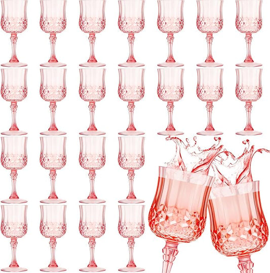 Pinkunn 24 Pcs 7 oz Plastic Vintage Wine Glasses Reusable Colored Goblets Patterned Drinking Water Glasses Cup Dishwasher Safe for Christmas Wedding Reception Party Supplies (Pink)