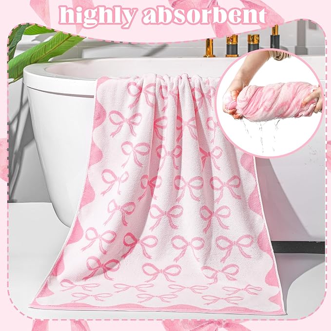 2 Pcs Pink Bow Bathroom Towels 100% Cotton Coquette Bow Bath Towels 28 x 55 Inch Absorbent Soft Preppy Bathroom Decor for Spa Gym Kitchen Women Gifts