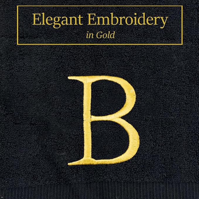 Black and Gold Bathroom Hand Towel - Monogrammed Luxury Hotel Quality Decorative Embroidered Towel for Powder Room, Spa - GOTS Organic Certified - Pack of 2, Letter B