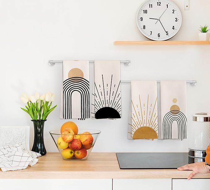 Boho Abstract Kitchen Towels and Dishcloths Set of 4, Mid Century Modern Decor Hand Towels, Boho Abstract Minimalist Sunshine Drying Cloth Hand Dish Tea Towel for Bathroom Kitchen, 16x24 Inches