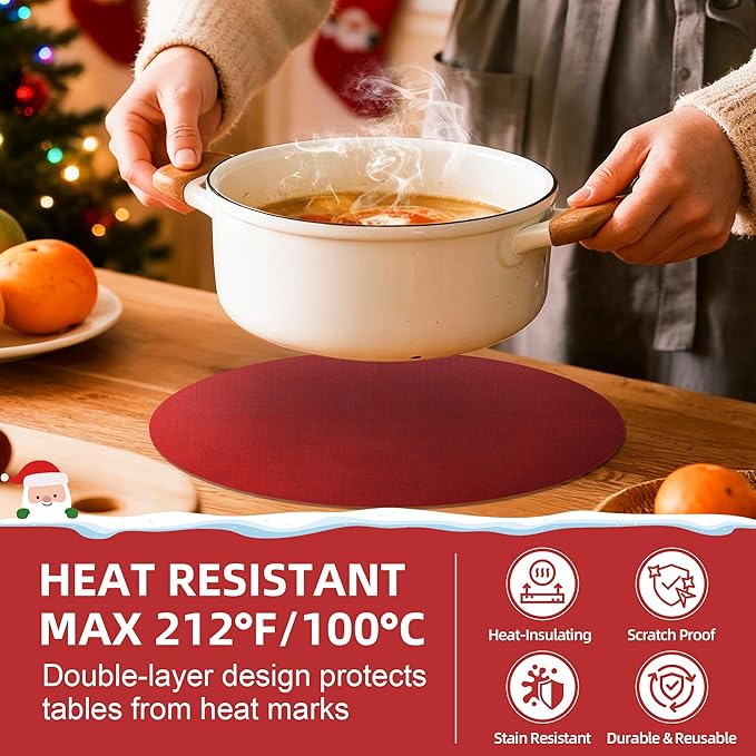 15 inch Faux Leather Round Placemats Set of 4 Non-Slip Washable Wipeable Table Mats, Heat Resistant Waterproof Oilproof Red Place Mats for Christmas, Kitchen, Dining, Party, Outdoor