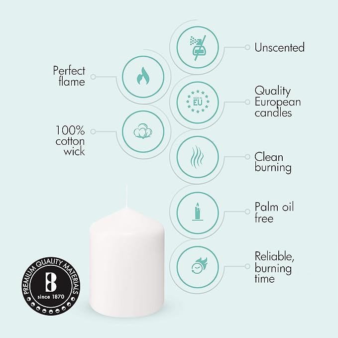 BOLSIUS 6 White Pillar Candles Bulk - 3x4 Inches Candle Set - 40+ Hours Clean Burning - No Palm Oil - 0% Animal Fat - Premium European Quality - Unscented Dripless Restaurant Pillars