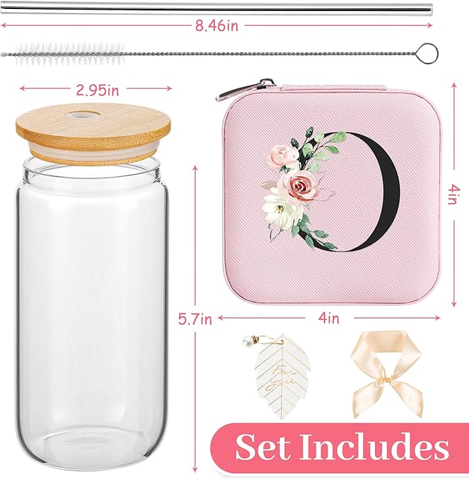 AYGXU Travel Jewelry Case for Women Girls, Organizer Box, 16oz Glass Cups With Bamboo Lids, Aesthetic Cup, Essentials, Initial O Pink