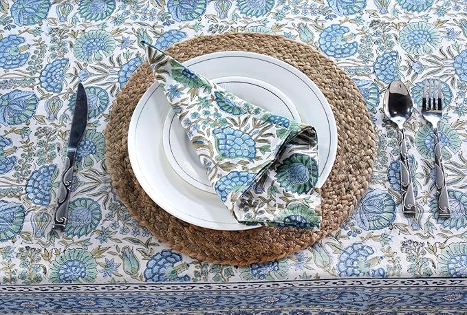 Ridhi Asparagus Green Hand Block Print Cotton Rectangle Tablecloth 102" x 48" inches Reusable Table Cover Decorative Everyday Use for Dining, Farmhouse, Home, Party, Festive, Wedding, Fall