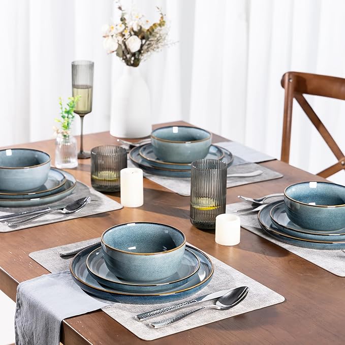 GBHOME 16 Pieces Double Bowls Ceramic Dinnerware Sets for 4, Stoneware Plates and Bowls Set with Reactive Glaze, Scratch Resistant Stoneware Dishes Set, Dishwasher & Microwave Safe