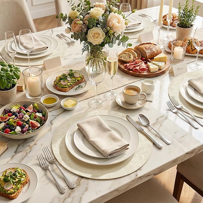 15 inch Faux Leather Round Placemats Set of 4 Non-Slip Washable Wipeable Table Mats, Heat Resistant Waterproof Oilproof Place Mats for Kitchen, Dining, Party, Indoor, Outdoor Beige