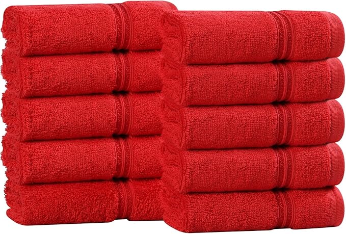 Superior Egyptian Cotton Face Towel/Washcloth Set, Small Towels for Home Bathroom, Master, Guest Bath, Decor Essentials, Quick Dry, Absorbent, Spa, Hotel, Resort, Adult, Kids, Set of 10, Red