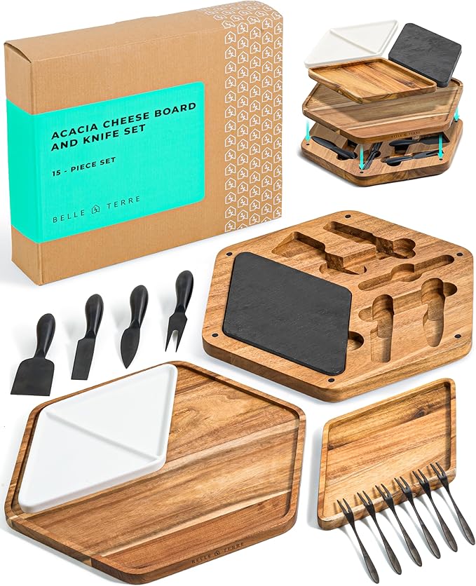 Cheese Board Set - Wood Charcuterie Boards for Serving Cheese, Crackers, Meat, Olives - Serving Board for Gift, Entertaining, & Parties - Wooden Cheese Platter w/Tray, Knives, & Forks
