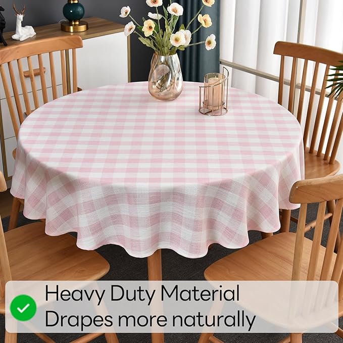 Gingham Table Cloth for Round Tables Pink Checkered Plaid Tablecloth Heavy Duty Cotton Blend Washable & Wrinkle Table Cover for Outdoor Kitchen Dining Picnic Camping (53 inch Diameter)