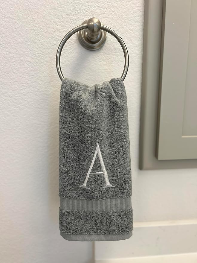 Gray Initial Hand Towel for Bathroom - Monogrammed Luxury Hotel Quality Decorative Embroidered Towel for Powder Room, Spa - GOTS Organic Certified - Set of 2 Silver Letter S