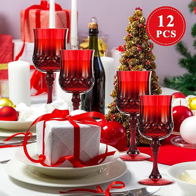 Pinkunn 12 Pcs 7 oz Plastic Vintage Wine Glasses Reusable Colored Goblets Patterned Drinking Water Glasses Cup Dishwasher Safe for Christmas Wedding Reception Party Supplies (Red)