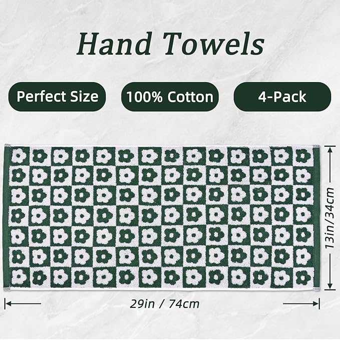 Jacquotha Cotton Hand Towels Green Checkered Floral - Quick Drying Hand Towel Set of 4, for Christmas Bathroom Decor, 29” x 13”