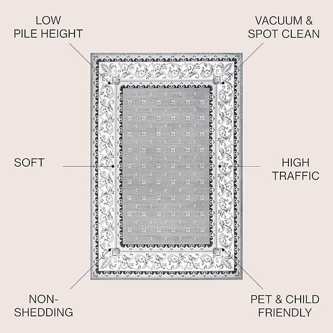 JONATHAN Y Acanthus French Border Gray/Cream Indoor Area Rug, 5x8, Vintage, Bohemian, Easy-Cleaning for Living Room, Bedroom, Kitchen, Pet Friendly, Non-Shedding (MDP504D-5)