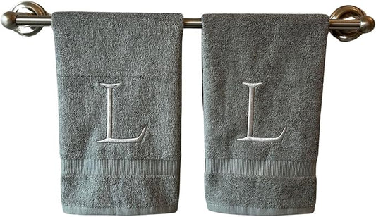Gray Initial Hand Towel for Bathroom - Monogrammed Luxury Hotel Quality Decorative Embroidered Towel for Powder Room, Spa - GOTS Organic Certified - Set of 2 Silver Letter L