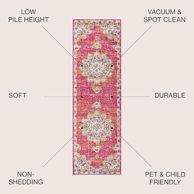 JONATHAN Y Boho Vintage Pink/Cream Runner Rug, 2x8, Bohemian Flair Medallion, Chic, Floral, High Traffic for Living Room, Bedroom, Kitchen, Pet Friendly, Non-Shedding (BMF104A-28)