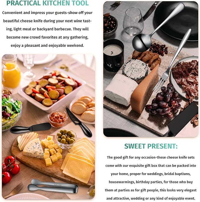 Patelai Charcuterie Board Accessories Cheese Spreader Knife Set Charcuterie Utensils Butter Knife Stainless Steel Mini Serving Tongs Spoons Appetizer Forks for Pastry Christmas(Black,18 Pieces)
