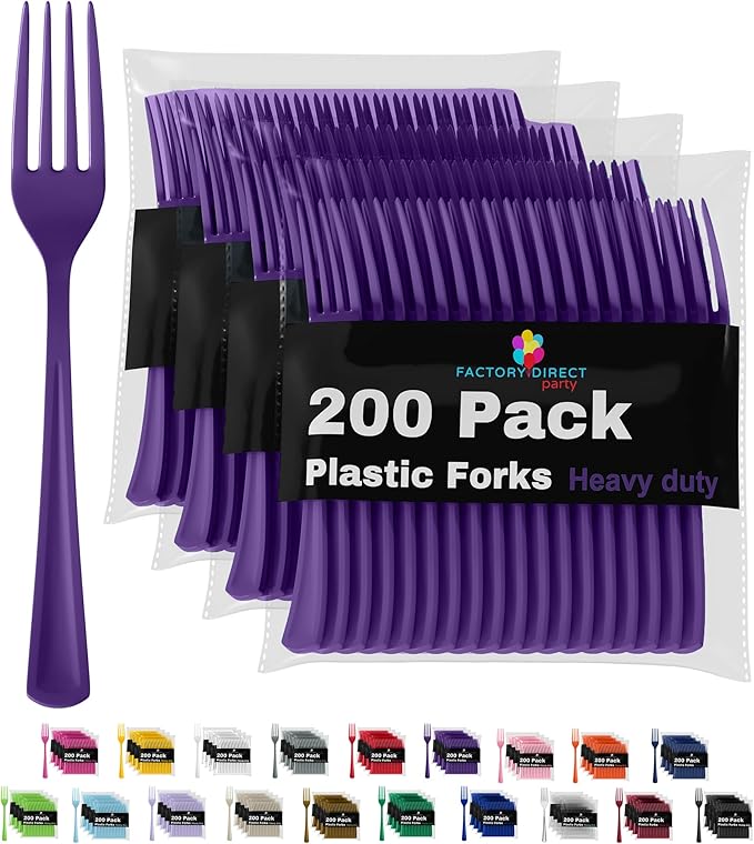 Party Solids Purple Plastic Forks 200 Pieces Purple Forks Disposable Utensils Heavy Duty Plastic Cutlery Set Disposable Cutlery Sets Flatware Sets Silverware Set Party Supplies & Party Tableware