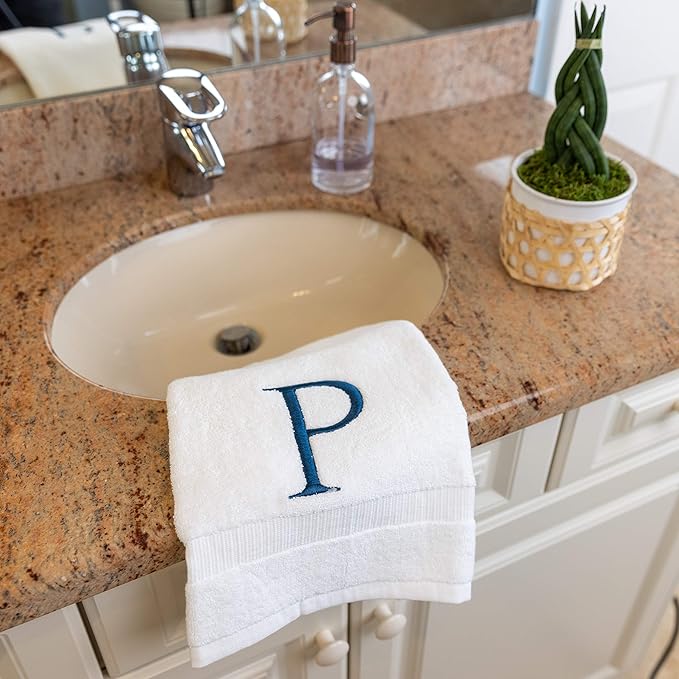 Monogrammed Hand Towels for Bathroom - Luxury Hotel Quality Personalized Initial Decorative Embroidered Bath Towel for Powder Room, Spa - GOTS Organic Certified - Set of 2 Navy Letter P