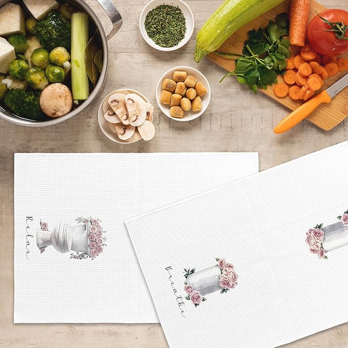 Rose Floral Bathroom Hand Towels, Cottagecore Floral Hand Towel for Bathroom Decor, Relax Breathe Farmhouse Flower Botanical Decorative Towels for Washroom Toilet 16x24 Inch Set of 2