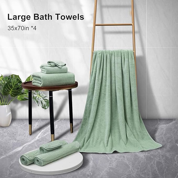 CHINO Bathroom Towel Set,35x70 Inch Bath Sheets Towels for Adults,Jumbo Bath Towels Extra Large Quick Dry Towel Soft Absorbent Towels Microfiber Shower Towels Bathroom Spa (4 Pcs Green)