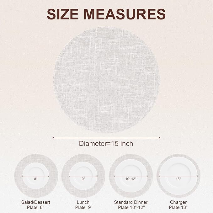 homing 15 Inch Round Cloth Placemats Set of 6, Cotton Linen Blend Washable Table Mats, Farmhouse Dining Place Mats for Indoors & Outdoors, Easy to Clean, Beige