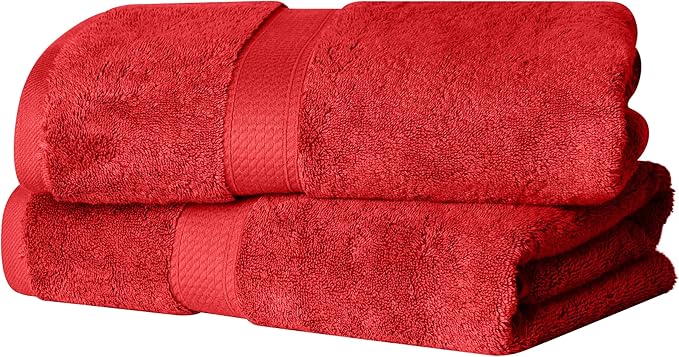Superior Egyptian Cotton Pile Bath Towel Set of 2, Ultra Soft Luxury Towels, Thick Plush Essentials, Absorbent Heavyweight, Guest Bath, Hotel, Spa, Home Bathroom, Shower Basics, Red