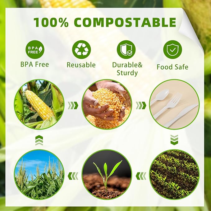 Compostable Utensils, White No Plastic Silverware, Compostable Cutlery 100 Forks 100 Spoons 100 Knives, No Plastic Disposable Silverware, Eco Friendly Disposable Cutlery for Party Office Wedding
