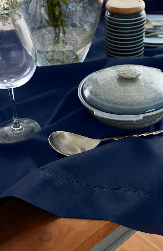 Solino Home Navy Blue Tablecloth 52 x 52 Inch - Cotton Linen Hemstitch Square Tablecloth - Machine Washable Table Throw for Holiday, Winter, New Year