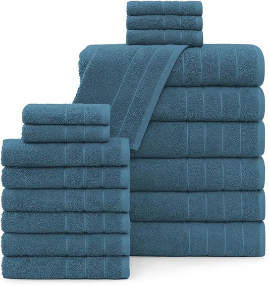 Casa Platino 100% Cotton Luxury Bath Towel Set - 18 Pieces - Ring Spun, Soft, Quick Dry & Extra Absorbent - 6 Bath, 6 Washcloths, 6 Bathroom Hand Towels - Minimal Lint After 3 Washes - Steel Blue