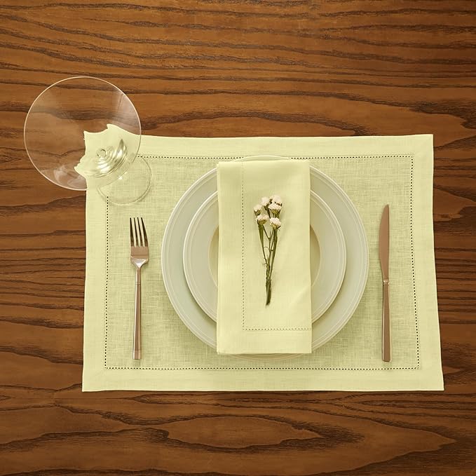 Solino Home Linen Placemats Set of 4 - Milan Hemstitch Butter Yellow Placemats 14 x 19 Inch - 100% Pure Linen Table Mats