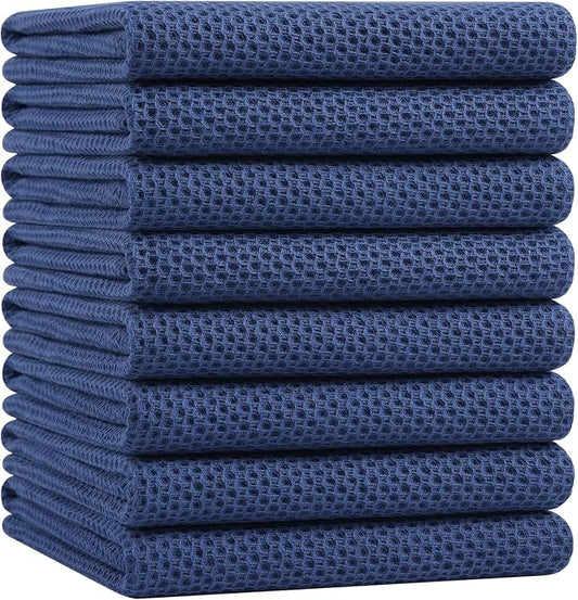 Homaxy 100% Cotton Waffle Weave Kitchen Dish Towels, Ultra Soft Absorbent Quick Drying Cleaning Towel, 20x28 Inches, 8-Pack, Navy Blue