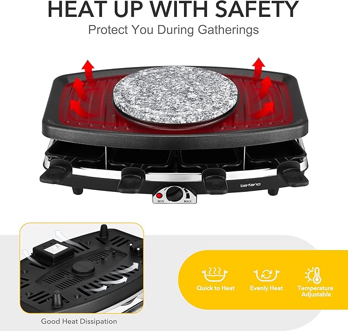 Electric Raclette BBQ Grill with Fondue Pot Sets, Portable Korean Table Grill Electric Indoor Cheese Raclette, Dual Adjustable Thermostats, 8 People Serve Perfect for Parties and Family Fun