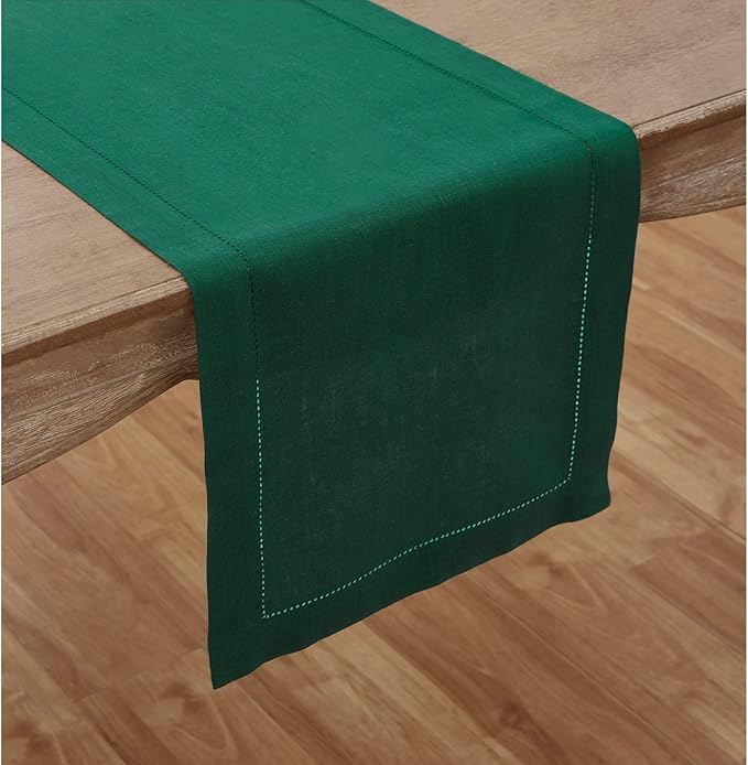 Solino Home Linen Rainforest Green Table Runner 156 Inches Long - 100% Pure Linen Extra Long Table Runner 14 x 156 Inch for New Year - Classic Hemstitch