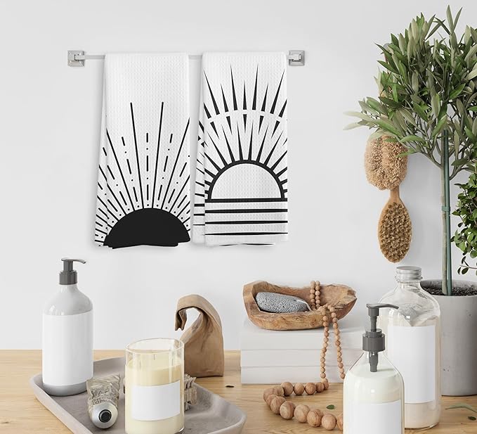 Minimalist Boho Black Sun Rising from Ocean Vintage Sunburst Sunshine Kitchen Towels and Dishcloths Sets of 2,Boho Absorbent Drying Cloth Hand Towels Tea Towels for Bathroom Kitchen,16×24 inches