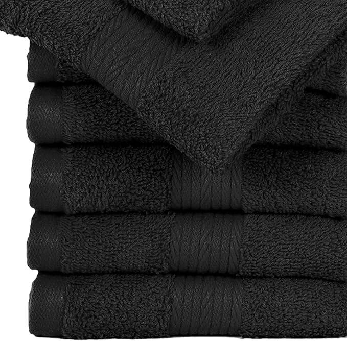 Ample Decor Washcloths Pack of 200 12 X 12 Inch 100% Cotton 600 GSM, Soft Absorbent and Reusable Fingertip Towels, Ideal for Bathroom and Powder Room - Black