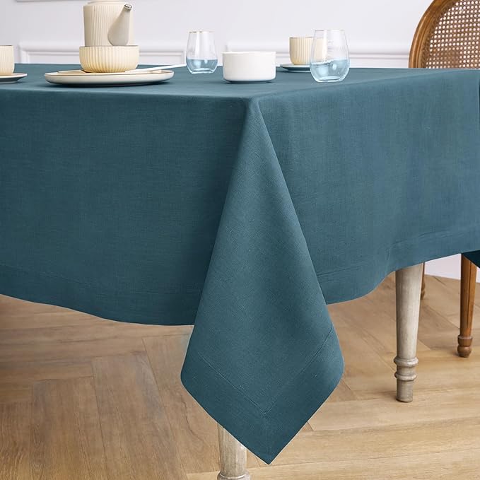 Solino Home Linen Tablecloth for Rectangle Tables 60 x 90 Inch - 100% Pure Linen Peacock Blue Table Cloth - Fete, Machine Washable Cloth Tablecloth for Winter