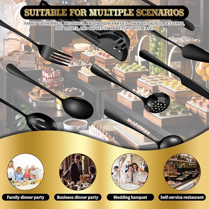 36-Piece Stainless Steel Serving Utensil Set – Complete Buffet Essentials with Spoons, Forks, Tongs, Ladle & More. Perfect for Wedding, Holiday, Catering, and Family Gatherings (Black)