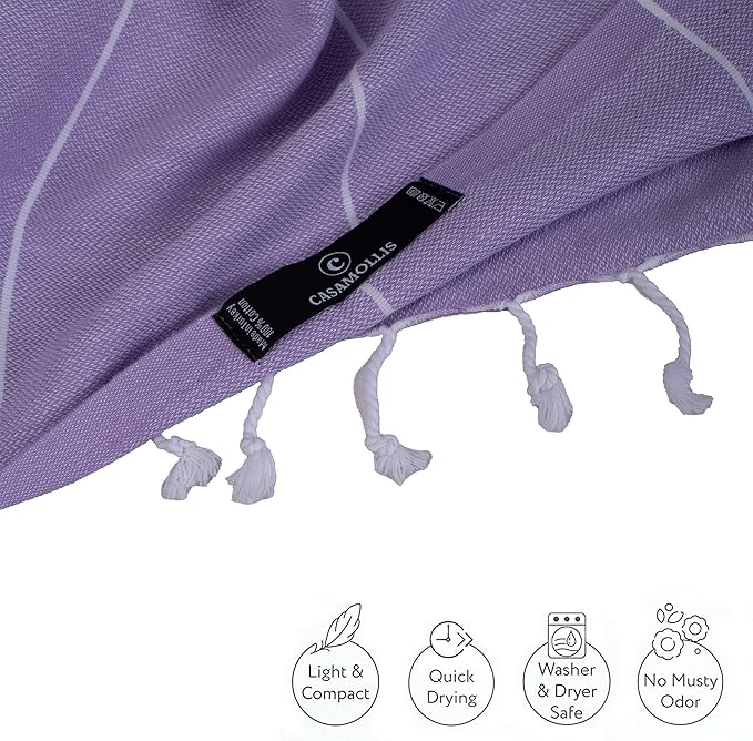 Turkish Beach Towel, Prewashed, 100% Cotton, Soft, Absorbent, Quick Dry, Sand Free Large Oversize Beach Towels for Bathroom Camping Yoga Gym Pool Travel Size 39x71 Inches (Lilac)