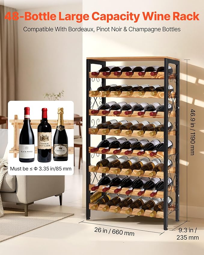 VEVOR 48 Bottle Wine Rack,8-Tier Wine Bottle Holder,Freestanding Floor Display Wine Storage Shelves with Wood Table Top,for Kitchen Pantry, Cellar, Bar, Dining Room, Living Room, Black
