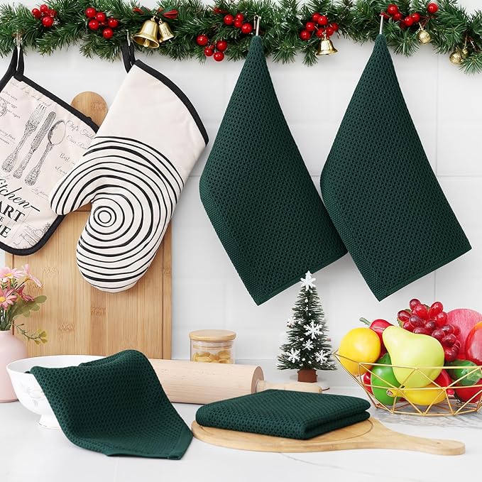 Homaxy 100% Cotton Waffle Weave Kitchen Dish Cloths, Ultra Soft Absorbent Quick Drying Dish Towels, 12 x 12 Inches, 12-Pack, Blackish Green