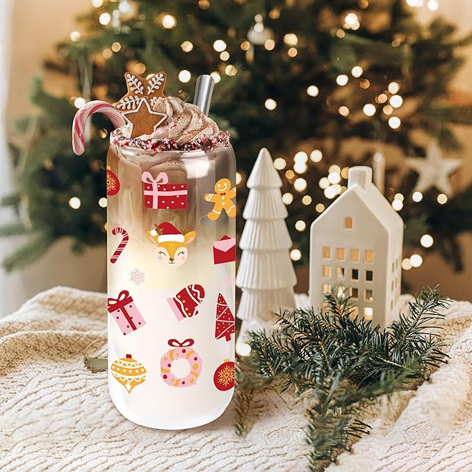Joeyan Christmas Glass Cups with Lids and Straws,20 oz Iced Coffee Tumbler with Gingerbread Man and Elk Patterns,Cute Can Shaped Beer Drinking Glasses,Holiday Gifts for Women Mom Friend