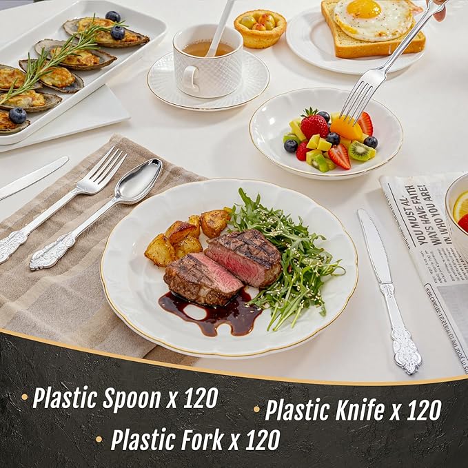 WDF 360 Pieces Silver Plastic Silverware- Disposable Flatware - Heavyweight Plastic Cutlery- Includes 120 Forks, 120 Spoons, 120 Knives for Christmas