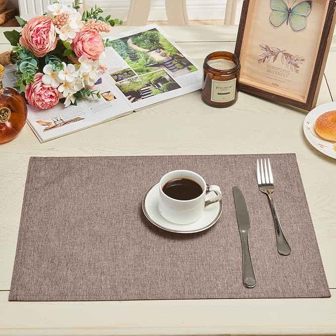Cloth Place Mats Set of 8–Reusable Rectangular Waterproof Fabric Polyester Washable Wipeable Heat Resistant Linen for Kitchen Dining Dinner Restaurant Wedding Table(Mocha/13x19 Inch)