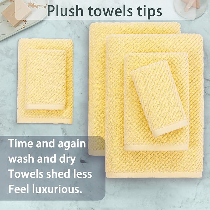 VOOVA & MOVAS Yellow Bath Towels - 100% Cotton | Quick Dry | Light Weight | Thick | Soft, 6 Piece Towel Set, 2 Large Bath 30"x56", 2 Hand 18"x28", 2 Washcloths 13"x13", Lemon Yellow Towel Gift Set