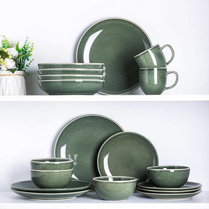 AmorArc Ceramic Dinnerware Sets for 6, 18 Pieces Handpainted Plates and Bowls Set, Scratch Resistant Stoneware Dishes Set, Dishwasher & Microwave Safe, Jade Green